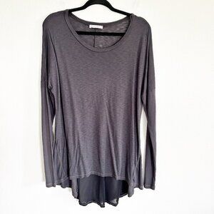 XCVI Wearables Shirt M Gray Slub Split Back Long Sleeve T-Shirt Scoop Neck